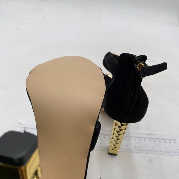 FSJ Gold S Gold Metal Chain Chunky High Heels Ankle Strap Sandals Open Toe Shoes - Picture 6 of 8